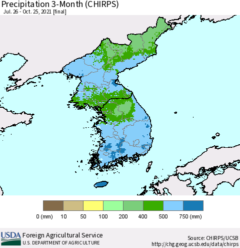 Korea Precipitation 3-Month (CHIRPS) Thematic Map For 7/26/2021 - 10/25/2021