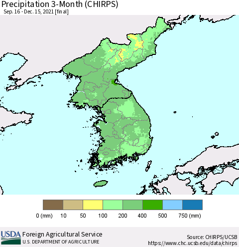Korea Precipitation 3-Month (CHIRPS) Thematic Map For 9/16/2021 - 12/15/2021