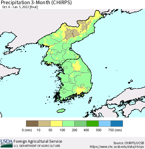 Korea Precipitation 3-Month (CHIRPS) Thematic Map For 10/6/2021 - 1/5/2022