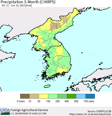 Korea Precipitation 3-Month (CHIRPS) Thematic Map For 10/11/2021 - 1/10/2022