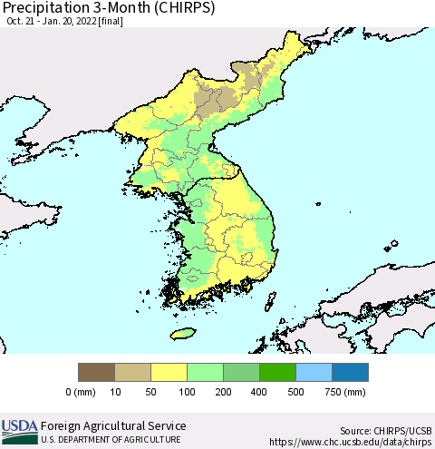 Korea Precipitation 3-Month (CHIRPS) Thematic Map For 10/21/2021 - 1/20/2022