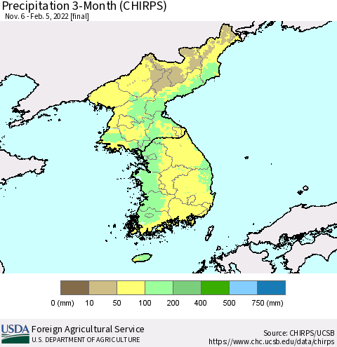 Korea Precipitation 3-Month (CHIRPS) Thematic Map For 11/6/2021 - 2/5/2022