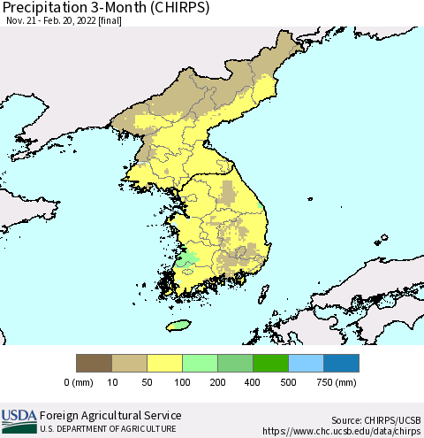 Korea Precipitation 3-Month (CHIRPS) Thematic Map For 11/21/2021 - 2/20/2022