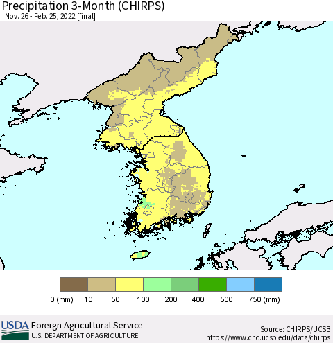 Korea Precipitation 3-Month (CHIRPS) Thematic Map For 11/26/2021 - 2/25/2022