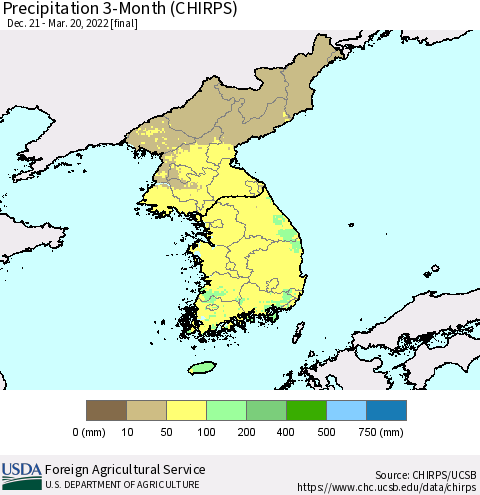 Korea Precipitation 3-Month (CHIRPS) Thematic Map For 12/21/2021 - 3/20/2022