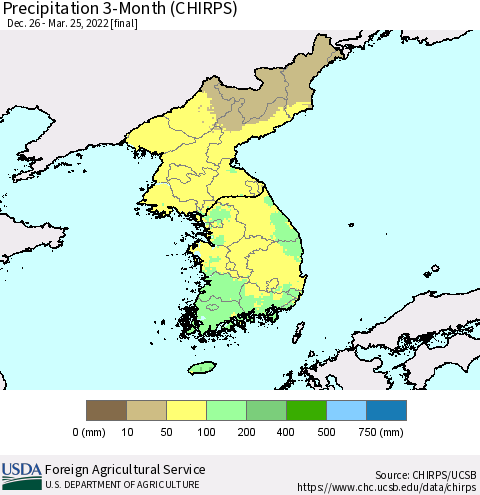 Korea Precipitation 3-Month (CHIRPS) Thematic Map For 12/26/2021 - 3/25/2022