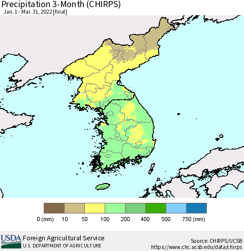 Korea Precipitation 3-Month (CHIRPS) Thematic Map For 1/1/2022 - 3/31/2022