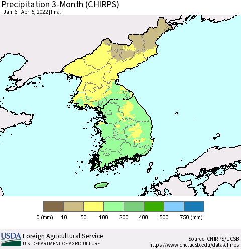 Korea Precipitation 3-Month (CHIRPS) Thematic Map For 1/6/2022 - 4/5/2022