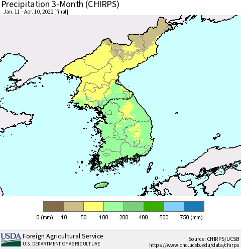 Korea Precipitation 3-Month (CHIRPS) Thematic Map For 1/11/2022 - 4/10/2022