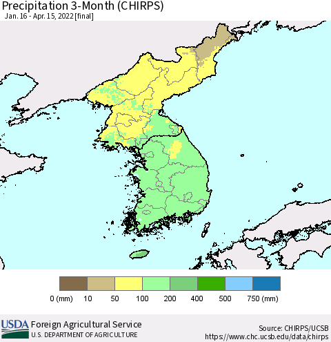 Korea Precipitation 3-Month (CHIRPS) Thematic Map For 1/16/2022 - 4/15/2022