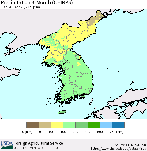 Korea Precipitation 3-Month (CHIRPS) Thematic Map For 1/26/2022 - 4/25/2022