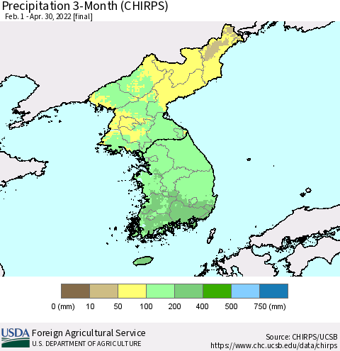 Korea Precipitation 3-Month (CHIRPS) Thematic Map For 2/1/2022 - 4/30/2022