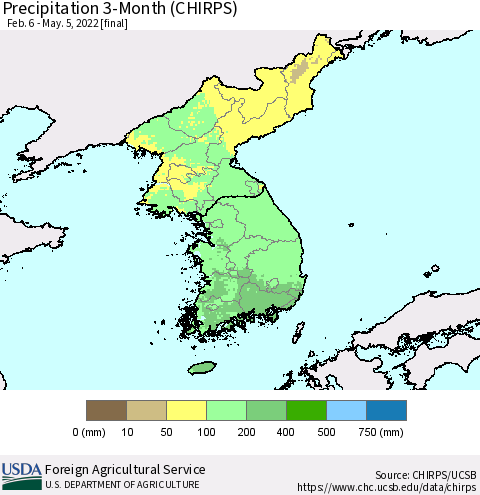 Korea Precipitation 3-Month (CHIRPS) Thematic Map For 2/6/2022 - 5/5/2022