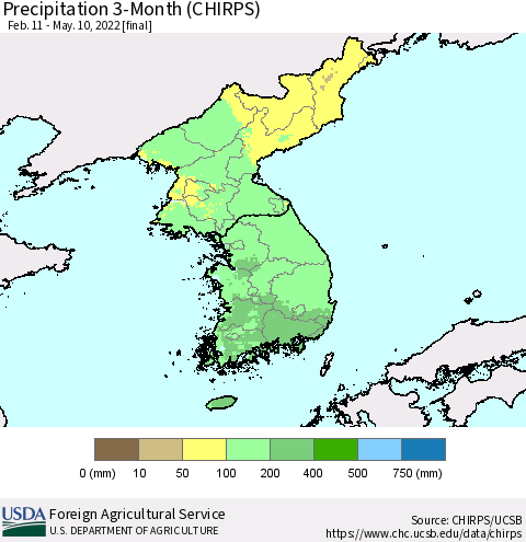 Korea Precipitation 3-Month (CHIRPS) Thematic Map For 2/11/2022 - 5/10/2022