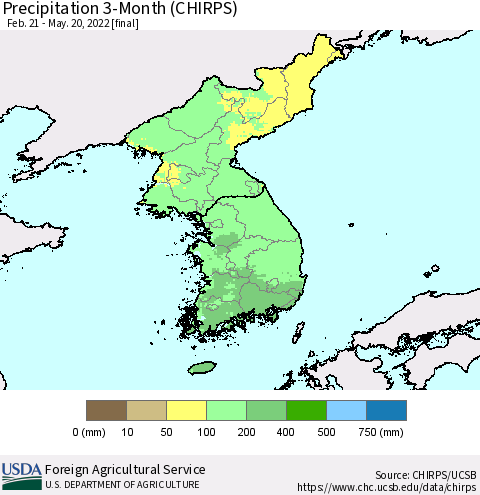 Korea Precipitation 3-Month (CHIRPS) Thematic Map For 2/21/2022 - 5/20/2022