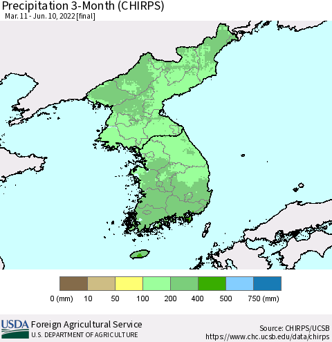 Korea Precipitation 3-Month (CHIRPS) Thematic Map For 3/11/2022 - 6/10/2022