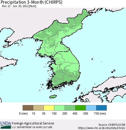 Korea Precipitation 3-Month (CHIRPS) Thematic Map For 3/21/2022 - 6/20/2022