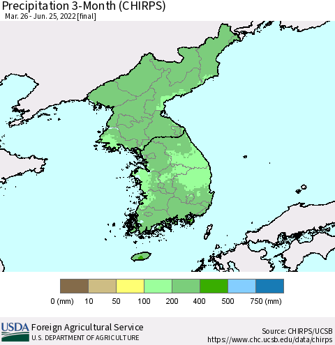Korea Precipitation 3-Month (CHIRPS) Thematic Map For 3/26/2022 - 6/25/2022