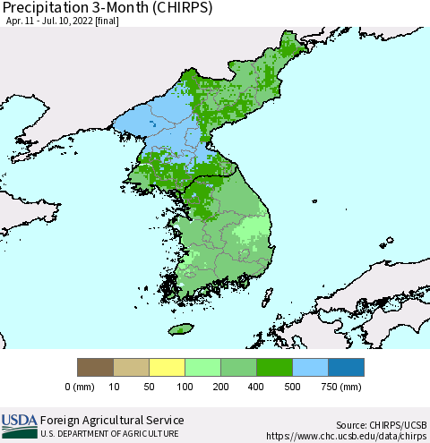 Korea Precipitation 3-Month (CHIRPS) Thematic Map For 4/11/2022 - 7/10/2022