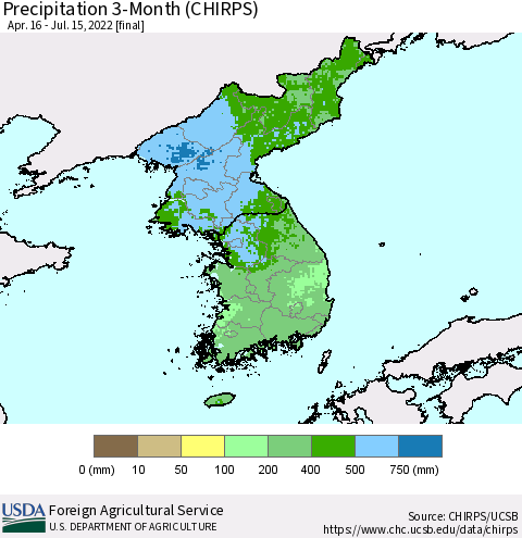 Korea Precipitation 3-Month (CHIRPS) Thematic Map For 4/16/2022 - 7/15/2022