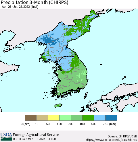 Korea Precipitation 3-Month (CHIRPS) Thematic Map For 4/26/2022 - 7/25/2022