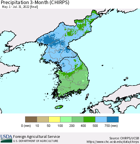 Korea Precipitation 3-Month (CHIRPS) Thematic Map For 5/1/2022 - 7/31/2022