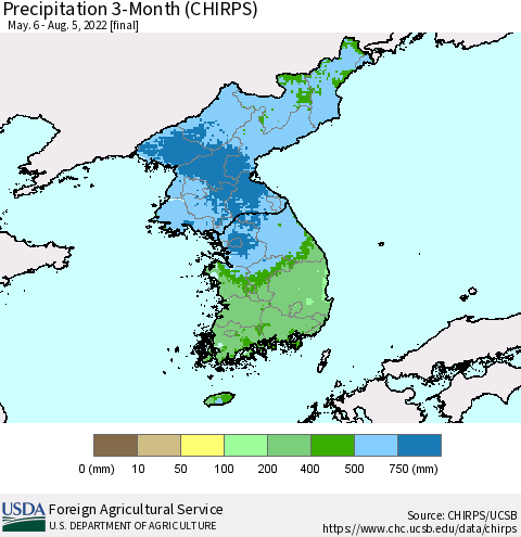 Korea Precipitation 3-Month (CHIRPS) Thematic Map For 5/6/2022 - 8/5/2022