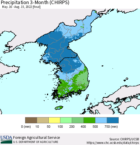 Korea Precipitation 3-Month (CHIRPS) Thematic Map For 5/16/2022 - 8/15/2022