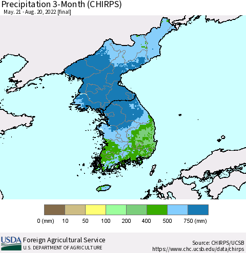 Korea Precipitation 3-Month (CHIRPS) Thematic Map For 5/21/2022 - 8/20/2022