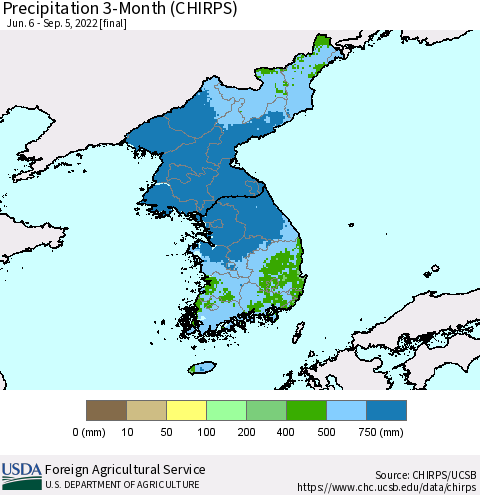 Korea Precipitation 3-Month (CHIRPS) Thematic Map For 6/6/2022 - 9/5/2022