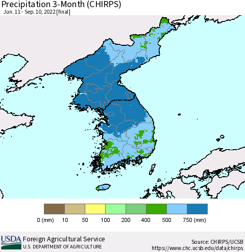 Korea Precipitation 3-Month (CHIRPS) Thematic Map For 6/11/2022 - 9/10/2022