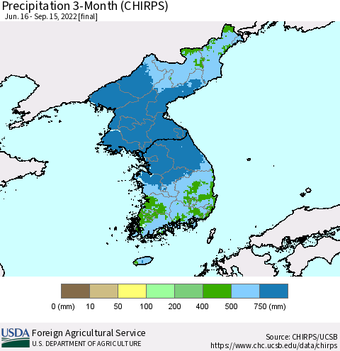 Korea Precipitation 3-Month (CHIRPS) Thematic Map For 6/16/2022 - 9/15/2022
