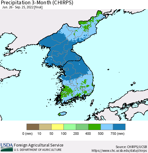 Korea Precipitation 3-Month (CHIRPS) Thematic Map For 6/26/2022 - 9/25/2022
