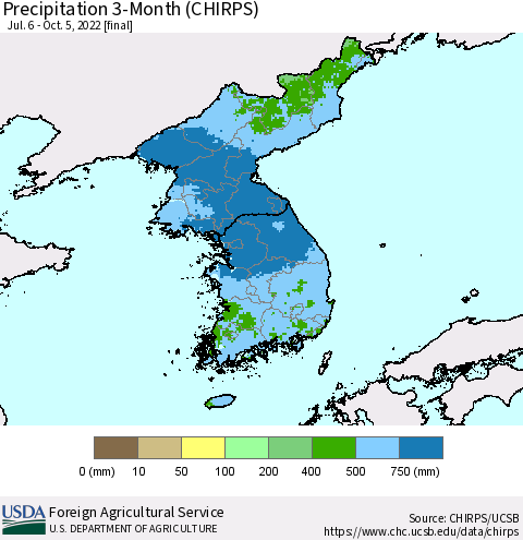 Korea Precipitation 3-Month (CHIRPS) Thematic Map For 7/6/2022 - 10/5/2022