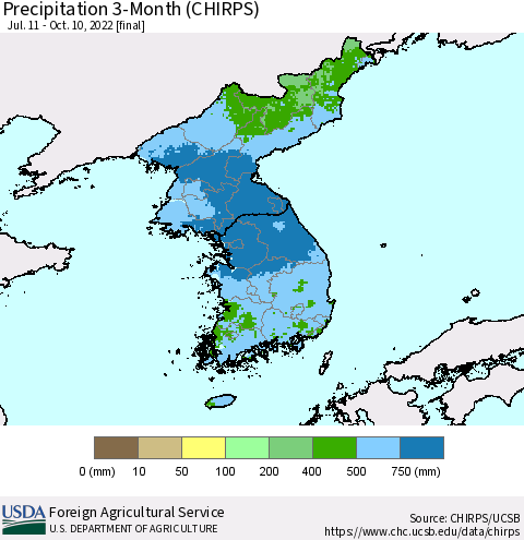 Korea Precipitation 3-Month (CHIRPS) Thematic Map For 7/11/2022 - 10/10/2022
