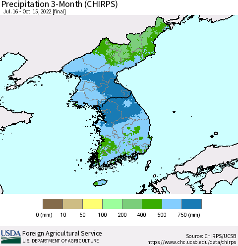 Korea Precipitation 3-Month (CHIRPS) Thematic Map For 7/16/2022 - 10/15/2022