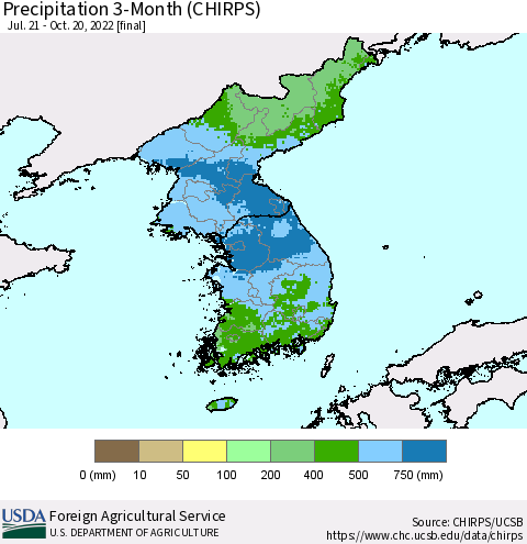 Korea Precipitation 3-Month (CHIRPS) Thematic Map For 7/21/2022 - 10/20/2022