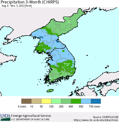 Korea Precipitation 3-Month (CHIRPS) Thematic Map For 8/6/2022 - 11/5/2022