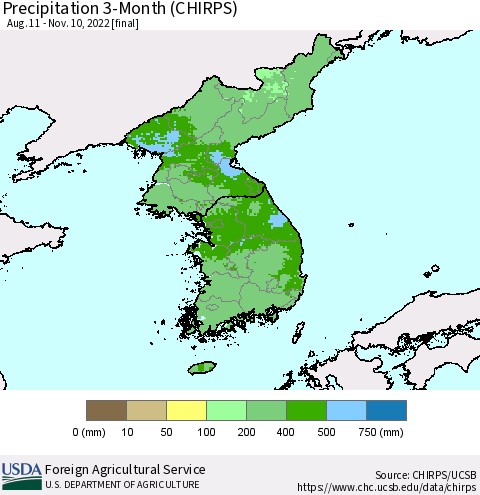 Korea Precipitation 3-Month (CHIRPS) Thematic Map For 8/11/2022 - 11/10/2022