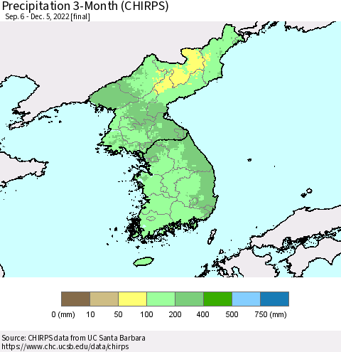 Korea Precipitation 3-Month (CHIRPS) Thematic Map For 9/6/2022 - 12/5/2022