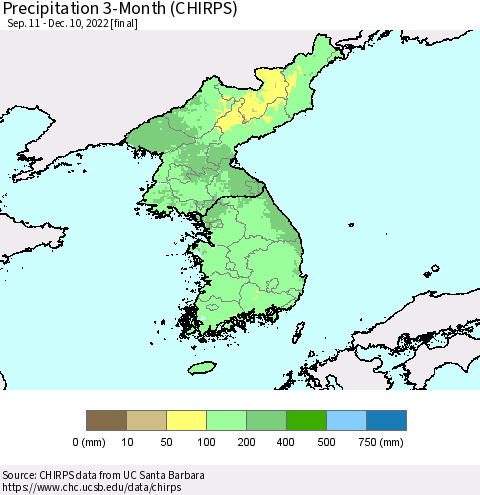 Korea Precipitation 3-Month (CHIRPS) Thematic Map For 9/11/2022 - 12/10/2022