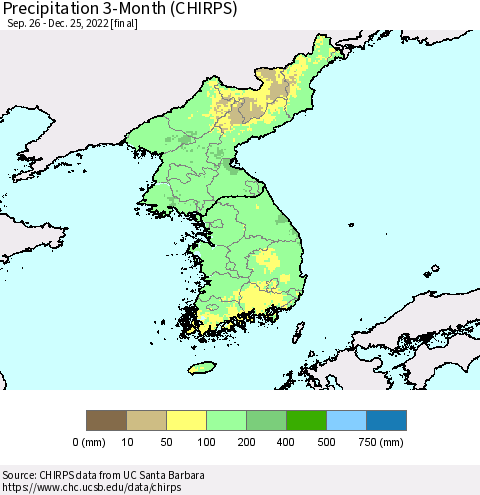 Korea Precipitation 3-Month (CHIRPS) Thematic Map For 9/26/2022 - 12/25/2022