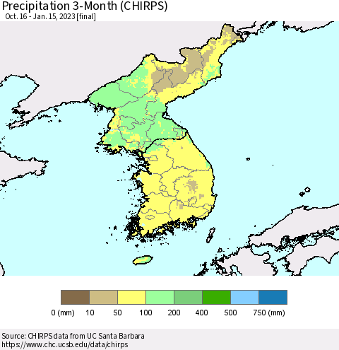 Korea Precipitation 3-Month (CHIRPS) Thematic Map For 10/16/2022 - 1/15/2023