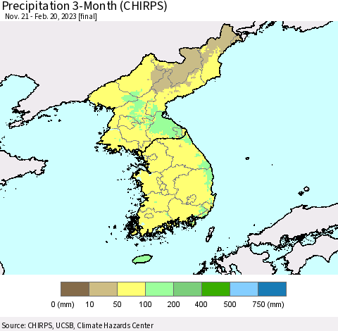 Korea Precipitation 3-Month (CHIRPS) Thematic Map For 11/21/2022 - 2/20/2023