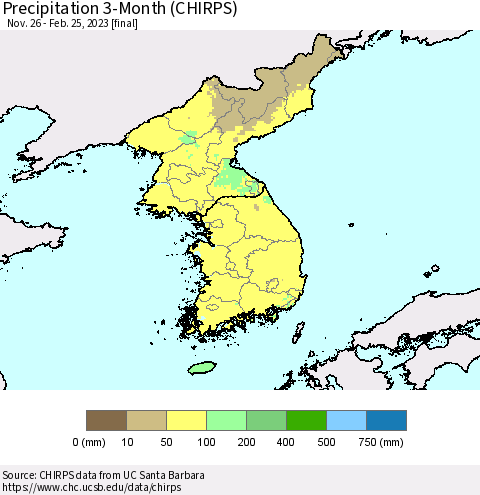 Korea Precipitation 3-Month (CHIRPS) Thematic Map For 11/26/2022 - 2/25/2023