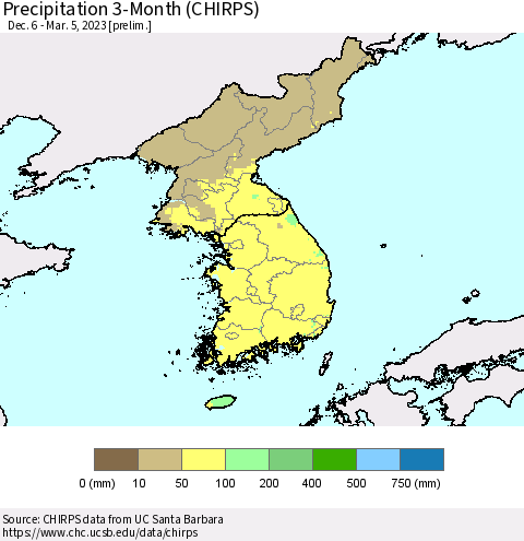 Korea Precipitation 3-Month (CHIRPS) Thematic Map For 12/6/2022 - 3/5/2023
