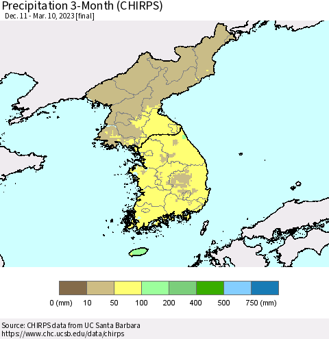 Korea Precipitation 3-Month (CHIRPS) Thematic Map For 12/11/2022 - 3/10/2023