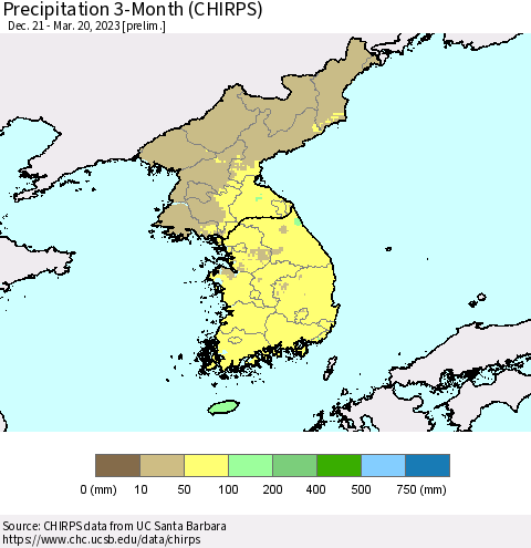 Korea Precipitation 3-Month (CHIRPS) Thematic Map For 12/21/2022 - 3/20/2023