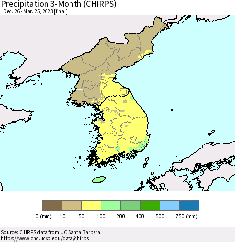 Korea Precipitation 3-Month (CHIRPS) Thematic Map For 12/26/2022 - 3/25/2023