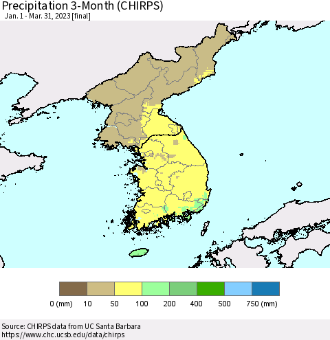 Korea Precipitation 3-Month (CHIRPS) Thematic Map For 1/1/2023 - 3/31/2023